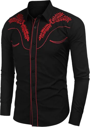 Vista 3 de Camisa de manga larga COOFANDY para hombre con bordado wéstern y botones estilo informal