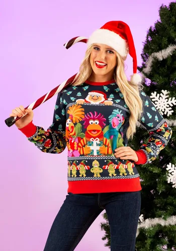Vista 3 de FUN.COM Suéter feo de Navidad sublimado Fraggle Rock para adultos