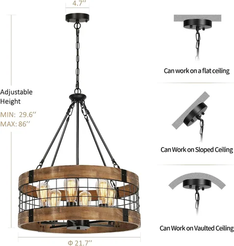 Vista 2 de Candelabro de madera de granja de 6 luces para comedor, lámparas rústicas para vestíbulo, luces colgantes de tambor industrial para entrada de isla