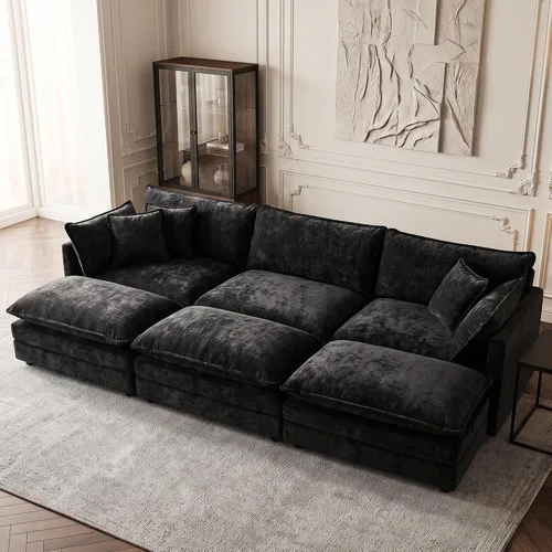 Vista 109 de Sofá individual modular de chenilla con otomana, sofá nube con almohada, color beige