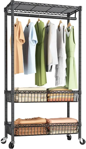 Vista 14 de Estante para ropa resistente con ruedas, estante enrollable para prendas, estantes ajustables de alambre de 3 niveles para colgar ropa con barras
