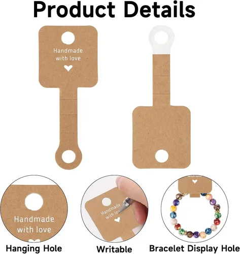 Vista 3 de joycraft 100 tarjetas autoadhesivas para pulseras, papel kraft hecho a mano con tarjetas en blanco de amor, embalaje de joyería para vender