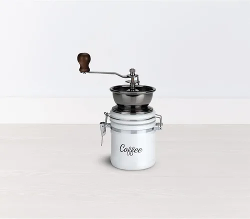 Vista 2 de Twine Molinillo de café vintage de mano, diseño manual ajustable con mango de madera y tarro de cerámica blanca, juego de 1