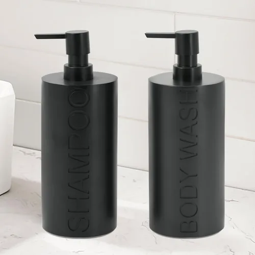 Vista 3 de Paquete de 2 botellas recargables de resina negra mate para champú y gel de baño – Juego de dispensadores de bomba modernos para baño, recipientes