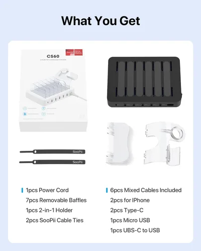 Vista 5 de SooPii - Estación de carga PD de 6 puertos para múltiples dispositivos, carga rápida USB C PD de 20 W para iPhone 14/13/12, incluye 6 cables cortos