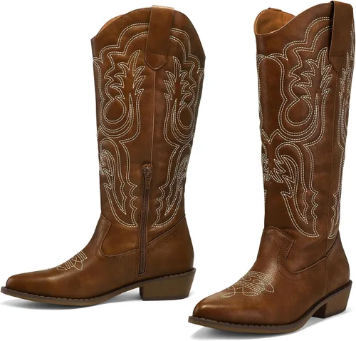 Vista 5 de mysoft Botas vaqueras para mujer de media pantorrilla bordadas estilo occidental de punta puntiaguda con tacón grueso tipo pull-on hasta la rodilla