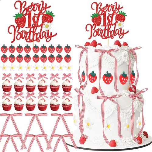 Vista 19 de 24 piezas de adornos para cupcakes de fresa, purpurina roja, temas de frutas, bayas y fresas, para verano, dulces, baby shower, fiesta de 1 Diseño