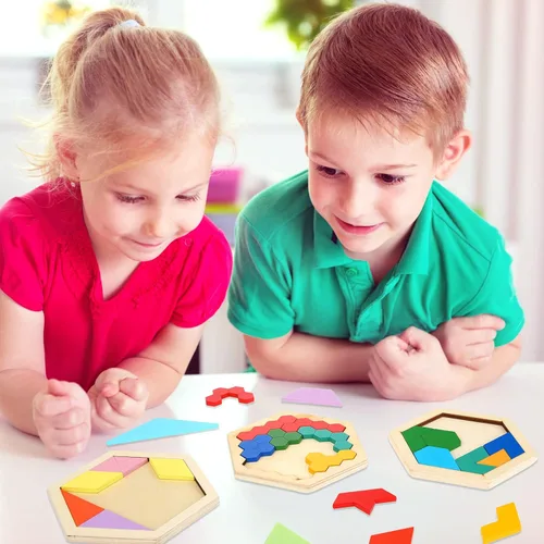Vista 3 de Paquete de 5 rompecabezas de madera Tangram para niños, rompecabezas hexagonal de madera, rompecabezas de bloques de formas geométricas