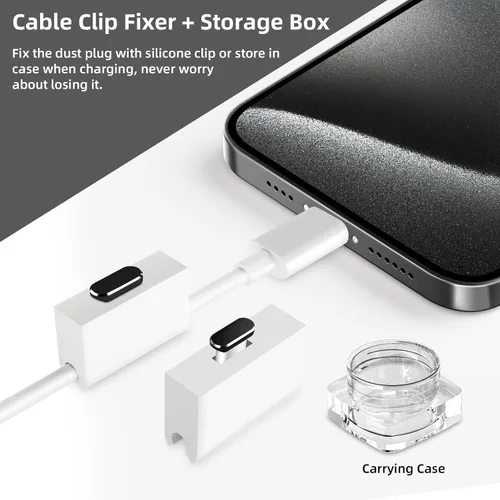 Vista 2 de Enchufe antipolvo USB tipo C, paquete de 2 tapas de puerto de carga USBC con caja de transporte fijador de cable para iPhone 17 Pro Max 16 15 16e