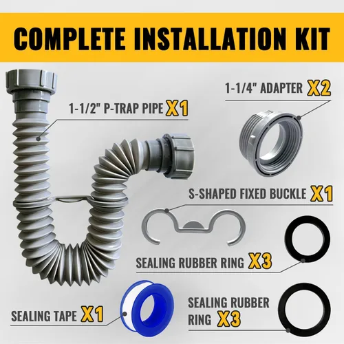 Vista 8 de VIVIDA Tubo de drenaje para fregadero de 1-1/2 pulgadas, tubo de drenaje flexible, trampa P flexible expandible de 7.5 a 17.7 pulgadas para baño