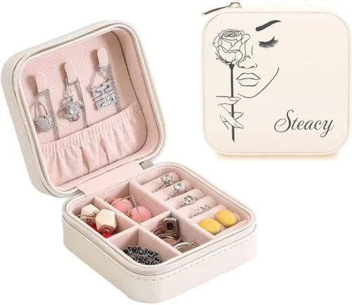Vista 6 de Joyero personalizado con tu nombre y mes de la flor de nacimiento, organizador de joyas de cuero personalizado, estuche de viaje, regalos Negro