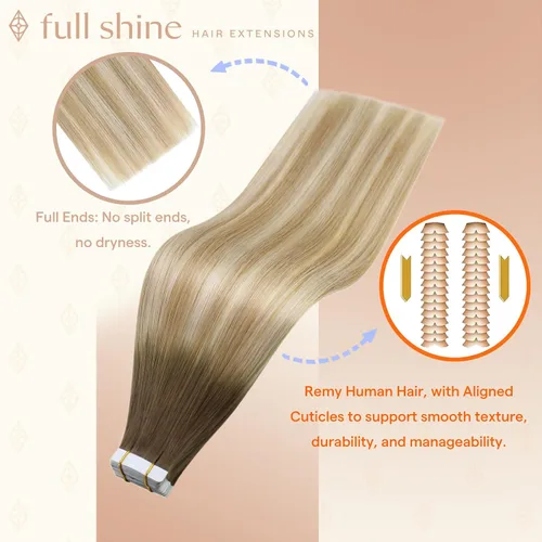 Vista 108 de Full Shine - Extensiones de cabello humano con cinta, mezcla de rubio hongo # 8 castaño ceniza resaltado 60 rubio ceniza