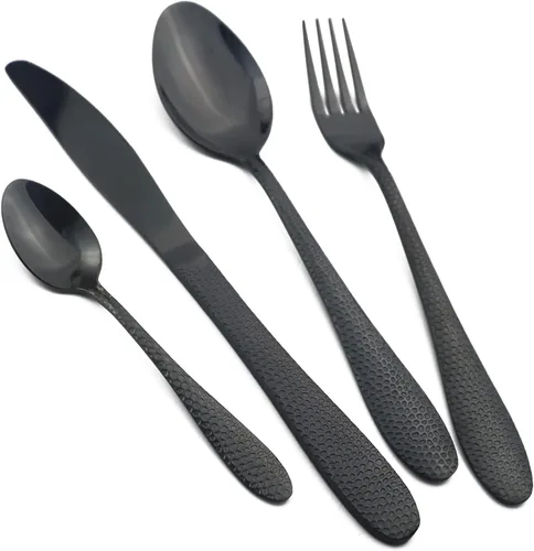 Vista 9 de JASHII Juego de cubiertos de acero inoxidable martillado de 16 piezas servicio de utensilios de alimentación para 4, vajilla moderna juego de Negro