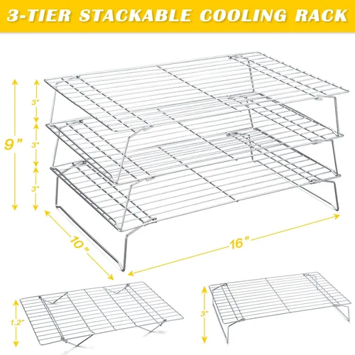 Vista 2 de Hunnycook Estantes de Enfriamiento - 10 x 16 Pulgadas 3PCS Estantes Altos Apilables para Hornear, Estante de Alambre de Acero Inoxidable
