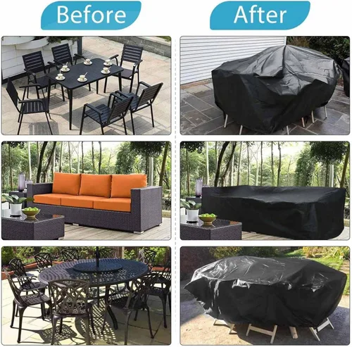 Vista 7 de Cubierta de mesa de patio de tela Oxford 420d impermeable a prueba de viento, para sillas exteriores, sofá, almacenamiento, rectangular, negro