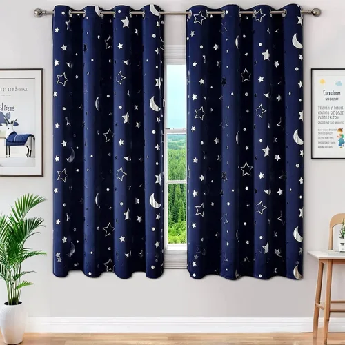 Vista 9 de WUBODTI Cortinas grises 100% opacas con diseño de estrellas para habitación de niños, 45 pulgadas de largo, juego de 2 paneles de cortinas