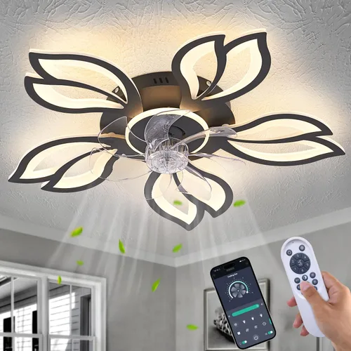 Vista 12 de Ventilador de techo de perfil bajo con control remoto y aplicación, motor silencioso y luz LED regulable, ventilador de techo de montaje empotrado