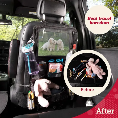 Vista 9 de Organizador para asiento trasero de coche Lusso Gear - Alfombrilla protectora contra los pies de los niños - 12 bolsillos grandes de almacenamiento