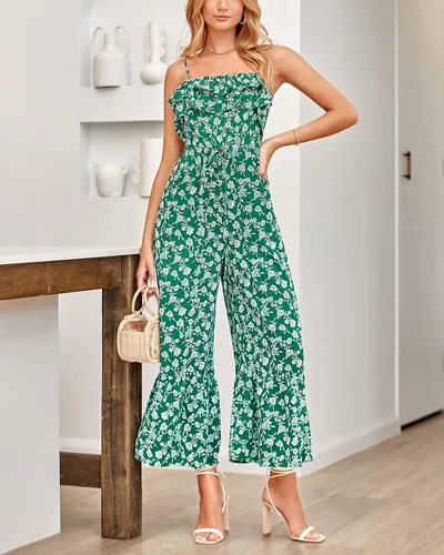 Vista 8 de Prettygrden - Overol casual de verano para mujer, con volantes, cuello cuadrado, lazo en la espalda, cintura alta, bohemio, floral, pierna ancha