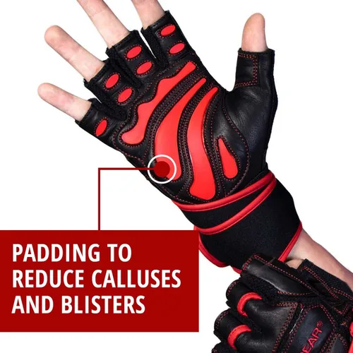 Vista 4 de Guantes de levantamiento de pesas para gimnasio, fitness, fisicoculturismo, guantes de entrenamiento cruzado de cuero Dominator Crossfit, con correa