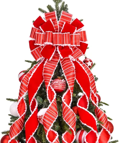 Vista 10 de Adorno de lazo grande para punta de árbol de Navidad y corona, lazo con cinta de poliéster con puntos verdes y rojos, para hogar, Acción de Gracias