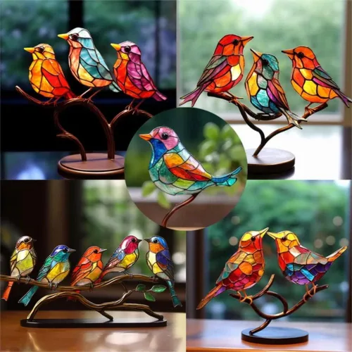 Vista 3 de 2023 Nuevos Pájaros De Metal Teñido En Rama Adornos De Escritorio, Adornos De Mesa De Pájaros De Metal Planos De Doble Cara Coloridos, Estatua De