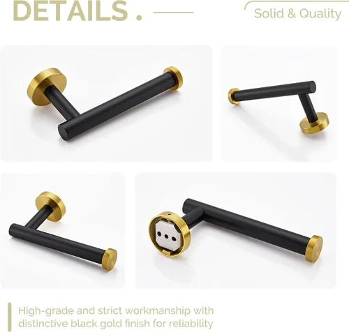 Vista 8 de Soporte de papel higiénico negro y dorado, colgador de papel higiénico de acero inoxidable para baño, dispensador de rollos de papel de tocador