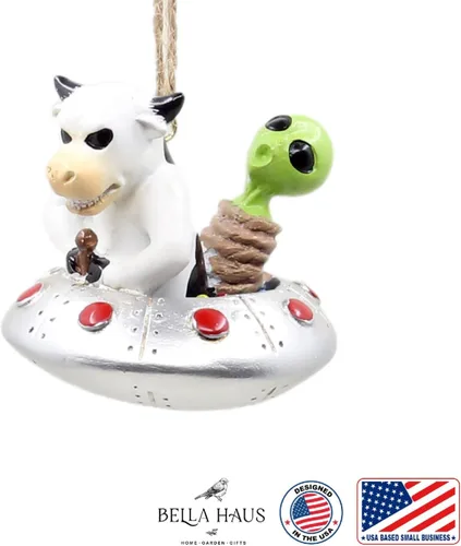 Vista 3 de Bella Haus Christmas Shoppe - Adorno de platillo volador con giro de abducción alienígena Divertida decoración navideña de ovni y vaca Ideal