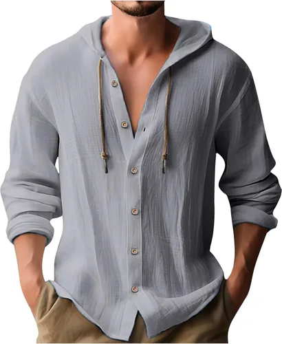 Vista 14 de Camisa de lino para hombre, casual, ligera, mexicana, guayabera, abotonada, playa, verano, sudadera con capucha y manga larga, camisa hawaiana