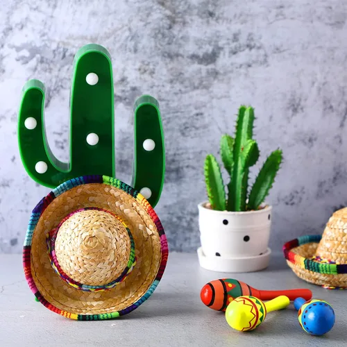 Vista 4 de 12 maracas de madera de colores y 6 sombreros de mini sombrero, recuerdos de fiesta mexicana y suministros para carnavales