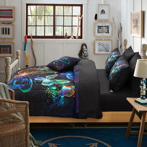 Vista 2 de A Nice Night Juego de ropa de cama con diseño de galaxia, estampado de mariposas 3D volando en el espacio, como mariposas con purpurina, juego