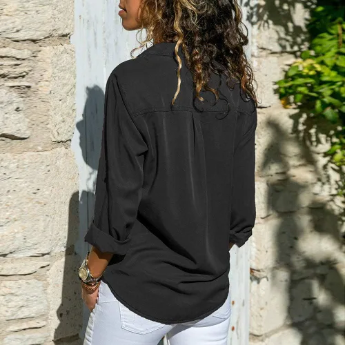 Vista 4 de Womens Tees, Women Casual Solid Long Sleeve Turn Down Collar Pockets Button Front Shirt Tops