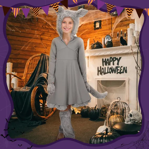Vista 5 de Bonuci Disfraz de lobo de Halloween de 3 piezas para niñas, vestido de hombre lobo con cola, guantes de pata de lobo, calentadores de piernas