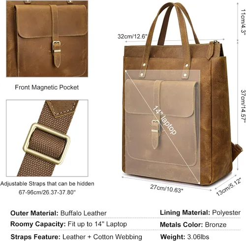 Vista 7 de S-ZONE Mochila de piel auténtica para mujer, con estilo retro, estilo vintage