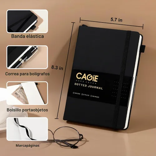 Vista 5 de CAGIE Cuaderno de cuadrícula de cuadrícula con puntos y balas, color negro A5