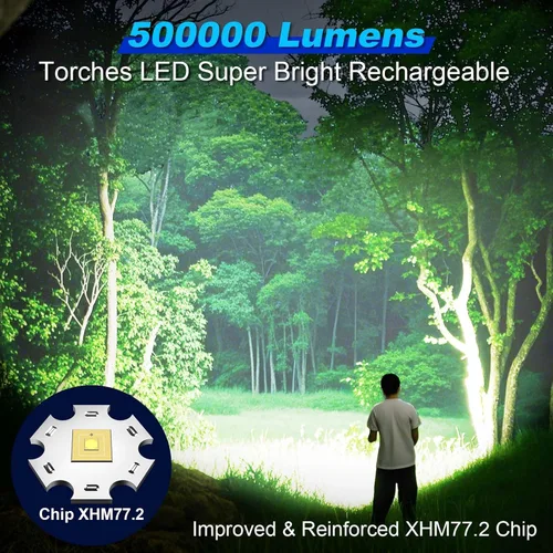 Vista 2 de Linternas LED superbrillantes, 500000 lúmenes, linterna potente recargable, linterna USB, alta potencia para acampar