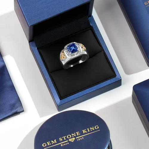 Vista 5 de Gem Stone King Men's Customized and Personalized 8MM Cushion Cut Gemstone Birthstone and White Lab Grown Diamond Ring for Men 925 Sterling Silver