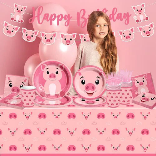 Vista 2 de Decoraciones de cumpleaños de cerdo, juego de vajilla de cerdo de granja de 143 piezas, platos temáticos de cerdo rosa y servilletas, suministros