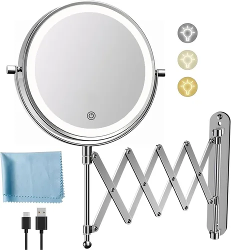 Vista 10 de 8" recargable montado en la pared espejo de maquillaje aumento echado a un lado doble 5000mAh Lighted Magnifying Mirror with 3 Color Lights Touch