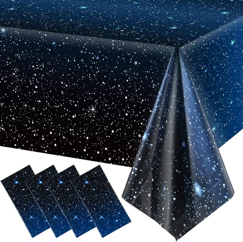 Vista 8 de 1 mantel espacial de noche estrellada, decoración de mesa de galaxia de plástico, suministros de fiesta temática de estrellas espaciales