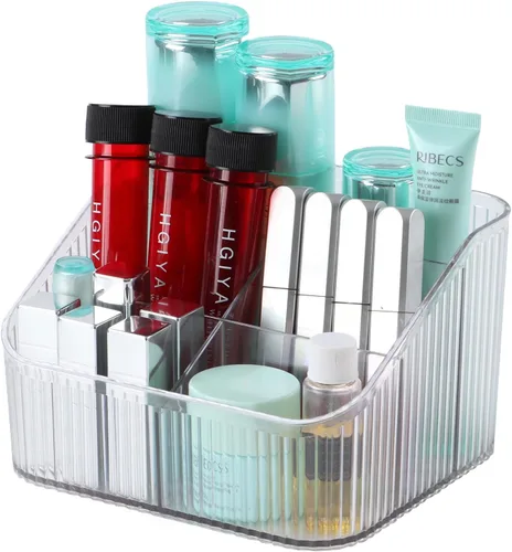 Vista 16 de Organizador de brochas de maquillaje ámbar para tocador, organizador de encimera de baño, 5 tazas, almacenamiento y exhibición de artículos