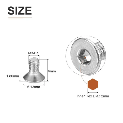 Vista 2 de DTGN Tornillos de cabeza plana con tuerca de vaso hexagonal M3-0.5 x 6 mm, paquete de 100, tornillos de cabeza plana con tuerca hexagonal de acero
