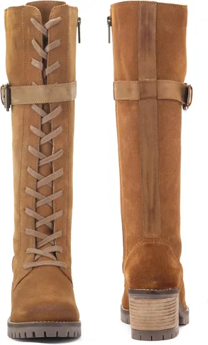 Vista 3 de Vintage Foundry Co. Women's Naomi Handmade Mid Calf Boots w Adjustable Single Strap Laces Full Side Zipper Lug Sole Platform Casual Motorcycle