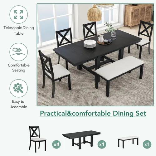 Vista 5 de RuiSiSi 6 Piece Solid Wood Dining Table Set, Farmhouse Extendable Kitchen Table with a Bench and 4 Padded Chairs, 4-6 Dining Table Set with Bench