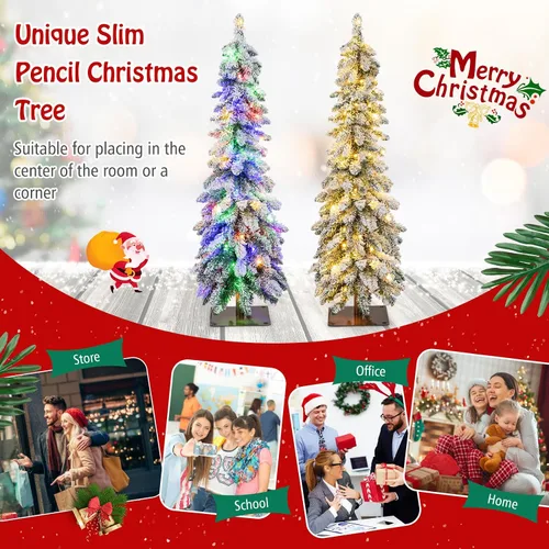 Vista 8 de GOFLAME Árbol de Navidad artificial preiluminado de 4 pies, árbol de Navidad delgado con nieve en forma de lápiz con luces LED multicolor y blanco