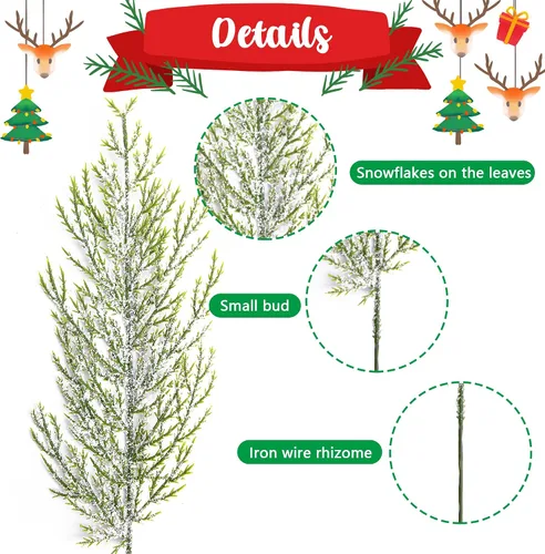 Vista 3 de Alpurple 30 piezas de ramas de pino artificiales con nieve y escarcha de Navidad - 34.3 cm de agujas de pino artificiales con nieve, ramitas - ramas