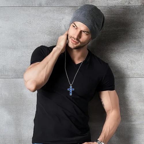 Vista 14 de Collar de cruz para hombre, piedras preciosas de color piedra natal de circonita cúbica, collar de acero inoxidable para hombre, cadena de 24