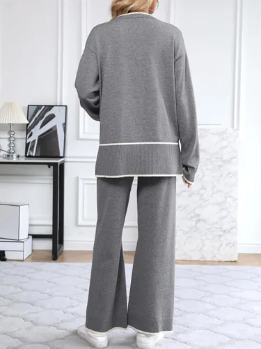 Vista 6 de SuperPrity Conjunto de 2 piezas de suéter para mujer, con cuello de muesca, manga larga, suéter de punto y pierna ancha