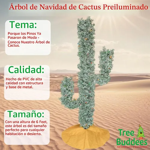 Vista 2 de Tree Buddees Luces LED preiluminadas, árbol de Navidad de cactus, 6 pies de alto (luces LED de colores)