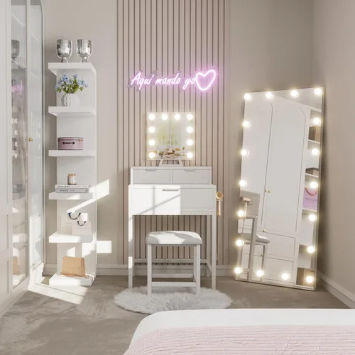 Vista 6 de BOLUO - Escritorio de maquillaje blanco con espejo de Hollywood y luces, juego de tocador para niñas con taburete, mesa de maquillaje compacta